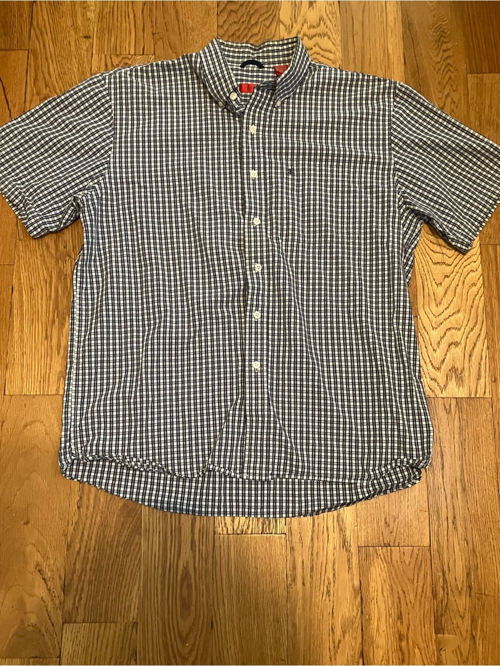 Izod Button Down Shirt Men's L Large Plaid Short Sleeve Blue White 100% Cotton